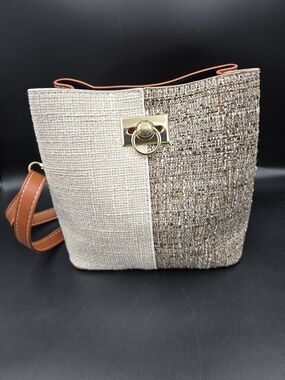 Two-Tone Beige and Brown Textured Shoulder Bag with Gold Accent